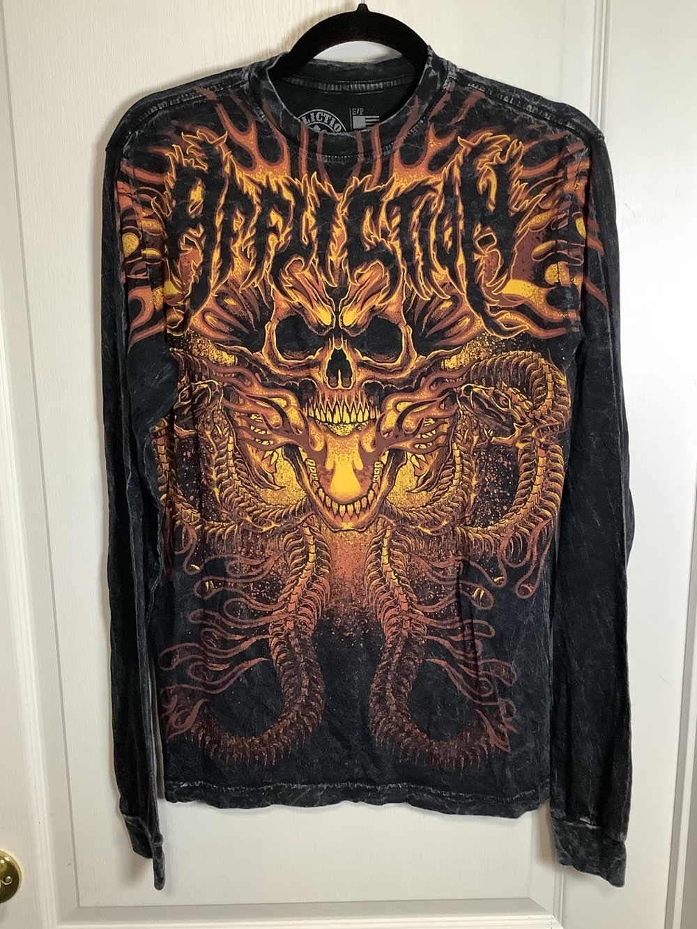 Men's Affliction Black Long-Sleeve Graphic Shirt with Fiery Skull Print